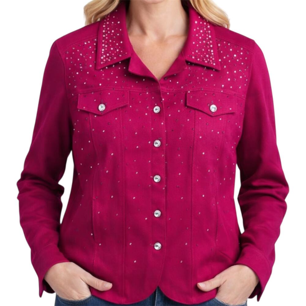 Vintage Christine Alexander Jean Jacket Swarovski Crystals Button Up Pink Large